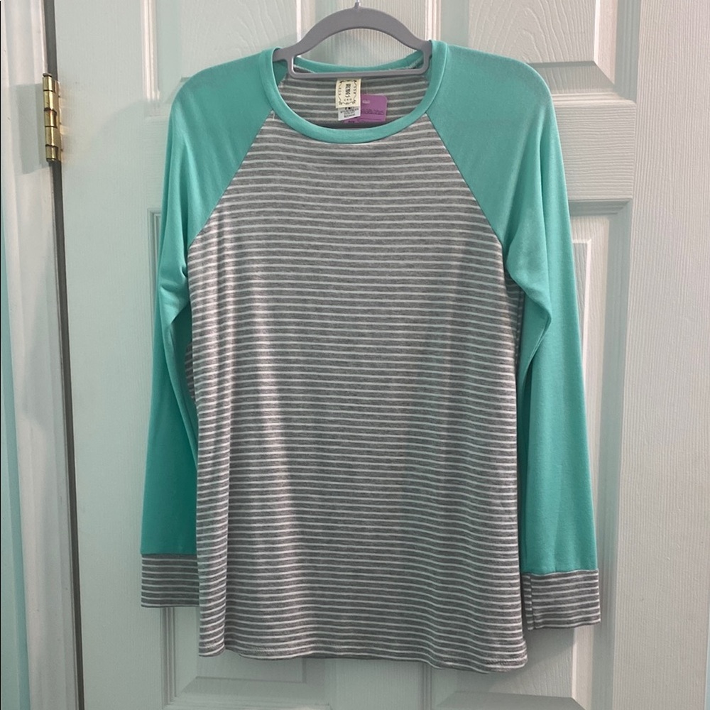 NWT Gray and Teal Striped Long Sleeve Shirt